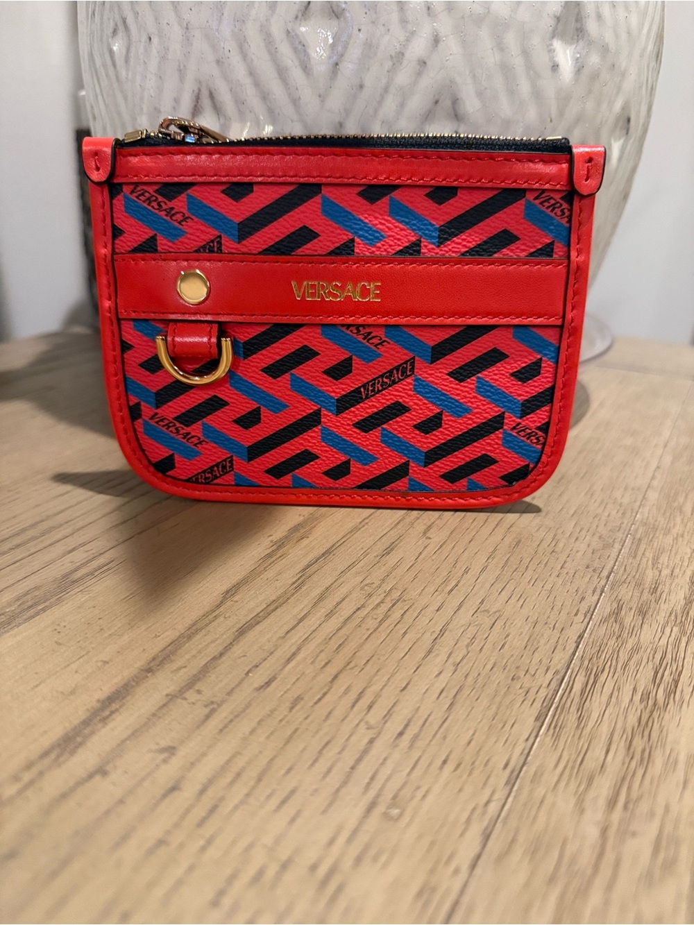 Versace Red Geometric Mini Wallet with Blue and Black Accents